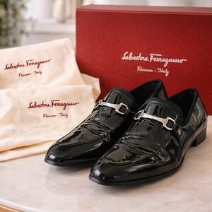 Salvatore Ferragamo Doti Black Patent Leather Bit Loafers Mens Size 11.5D Made i